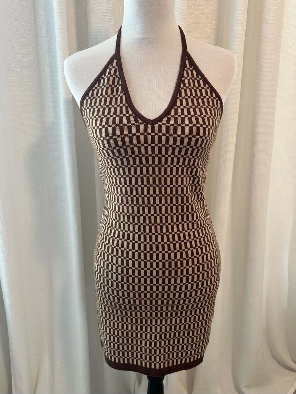Cotton Candy Brown & Cream Checker Halter Mini Dress - Picture 3 of 9